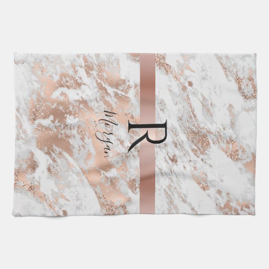 Blk Name/Monogram White & Rose Gold Marble Glitter キッチンタオル (横)