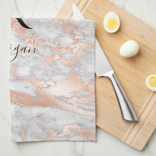 Blk Name/Monogram White/Rose Gold Marble Glitter 2 キッチンタオル (四つ折り)