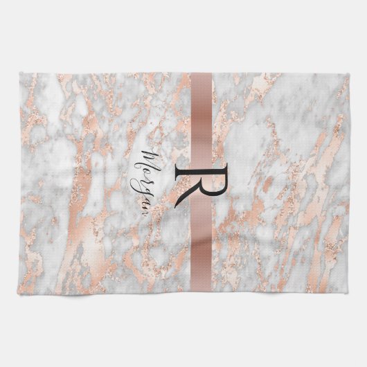 Blk Name/Monogram White/Rose Gold Marble Glitter 2 キッチンタオル (横)
