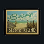 Block Island Beach Vintage Travel マグネット<br><div class="desc">This Greetings From Block Island vintage postcard design features a sandy beach with a beautiful turquoise ocean water and above the sea,  a blue sky with billowy white clouds. In vintage travels style.</div>