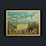 Block Island Beach Vintage Travel マグネット<br><div class="desc">This Greetings From Block Island vintage postcard design features a sandy beach with a beautiful turquoise ocean water and above the sea,  a blue sky with billowy white clouds. In vintage travels style.</div>