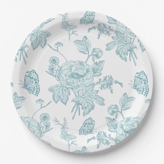 Block Print Aqua Paper Plates ペーパープレート (正面)