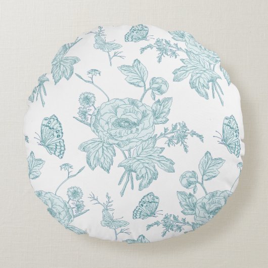 Block Print Aqua Round Throw Pillow ラウンドクッション (正面)