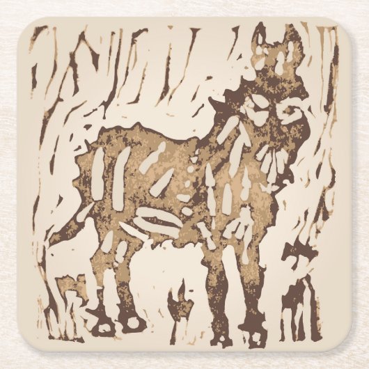 Block Print Sheep Donkey Quilt - brown donkey. スクエアペーパーコースター (正面)