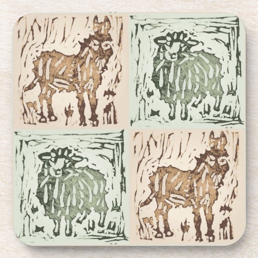 Block Print Sheep Donkey Quilt - farm animals. コースター (正面)
