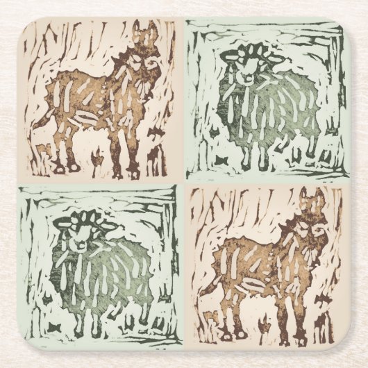 Block Print Sheep Donkey Quilt - farm animals. スクエアペーパーコースター (正面)