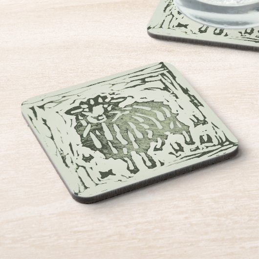 Block Print Sheep Donkey Quilt - green sheep. コースター (左側)