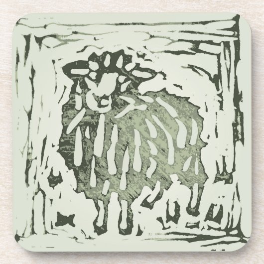 Block Print Sheep Donkey Quilt - green sheep. コースター (正面)