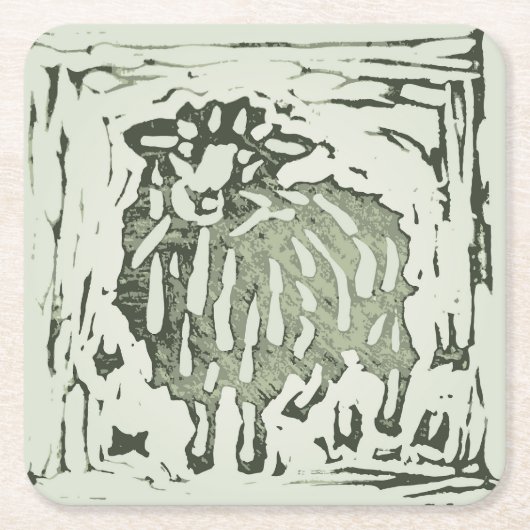 Block Print Sheep Donkey Quilt - green sheep. スクエアペーパーコースター (正面)