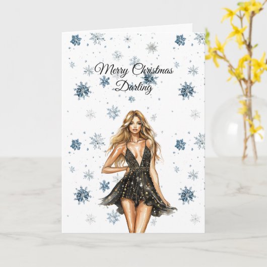 Blond Black Dress Snowflakes Christmas カード (黄色い花)
