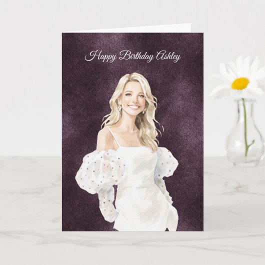 Blond Female White Dress Purple Birthday カード (小さな植物)