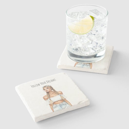 Blond Hair Girl Braids Jeans ストーンコースター (横)