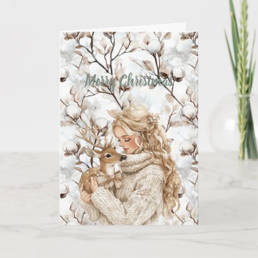 Blond Hair Girl with Deer Christmas カード (正面)