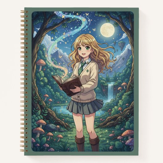 Blonde Anime Girl & Enchanted Forest Magic Journal ノートブック (正面)