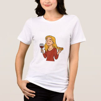 Blonde enjoying wine and pizza トライブレンドＴシャツ