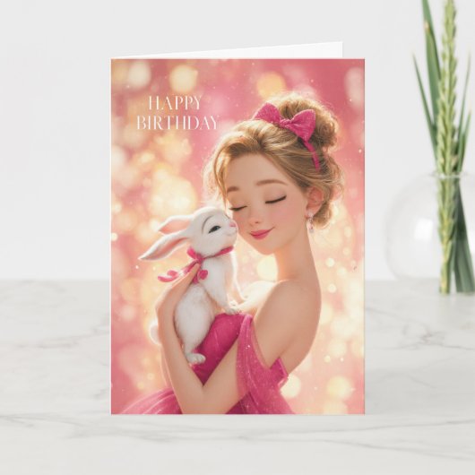 Blonde Girl in Hot Pink w/ Cute White Bunny BDay カード (正面)