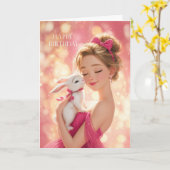 Blonde Girl in Hot Pink w/ Cute White Bunny BDay カード (黄色い花)