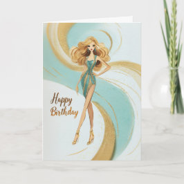 Blonde Girl in Teal Gold Glam Fashionista Birthday カード