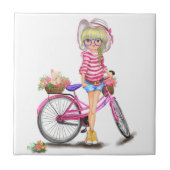 Blonde Girl Pink Bicycle Tile タイル (正面)