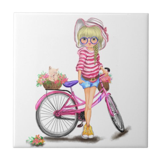 Blonde Girl Pink Bicycle Tile タイル (正面)