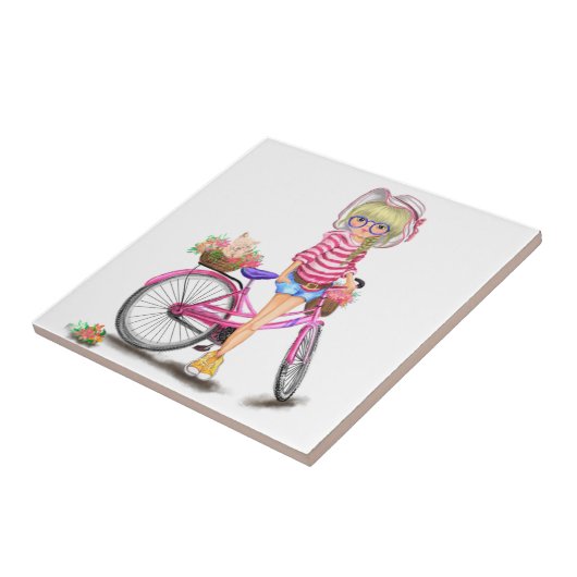 Blonde Girl Pink Bicycle Tile タイル (側面)