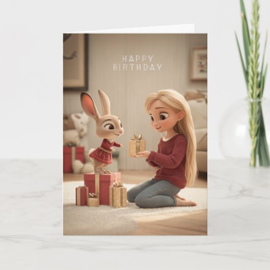 Blonde Giving Bunny in Red Dress Birthday Gift カード (正面)