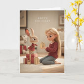 Blonde Giving Bunny in Red Dress Birthday Gift カード (黄色い花)