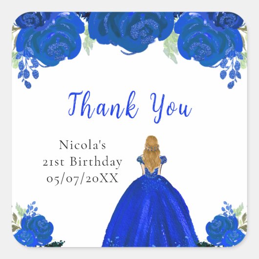 Blonde Hair Princess Blue Floral Birthday Party スクエアシール (正面)