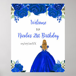 Blonde Hair Princess Blue Floral Birthday Welcome ポスター
