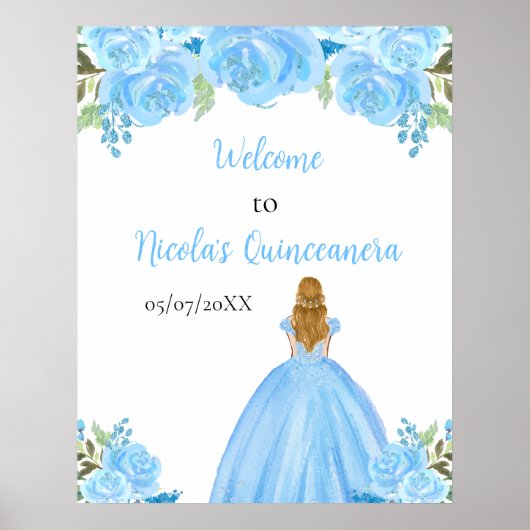 Blonde Hair Princess Blue Quinceanera Welcome ポスター (正面)