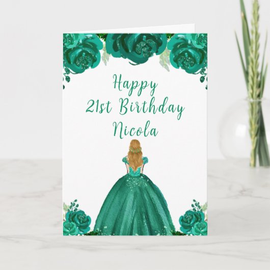 Blonde Hair Princess Green Floral Birthday Party カード (正面)