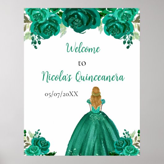 Blonde Hair Princess Green Quinceanera Welcome ポスター (正面)