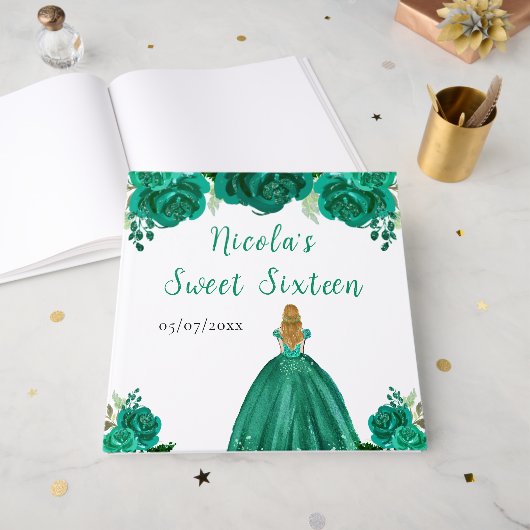 Blonde Hair Princess Green Sweet 16 Guest Book ゲストブック (正面見開き)