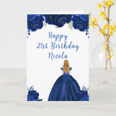 Blonde Hair Princess Navy Floral Birthday Party カード (黄色い花)