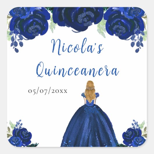 Blonde Hair Princess Navy Floral Quinceanera スクエアシール (正面)