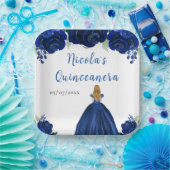 Blonde Hair Princess Navy Floral Quinceanera ペーパープレート (パーティー)