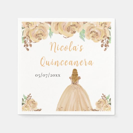 Blonde Hair Princess Peach Floral Quinceanera スタンダードカクテルナプキン (正面)
