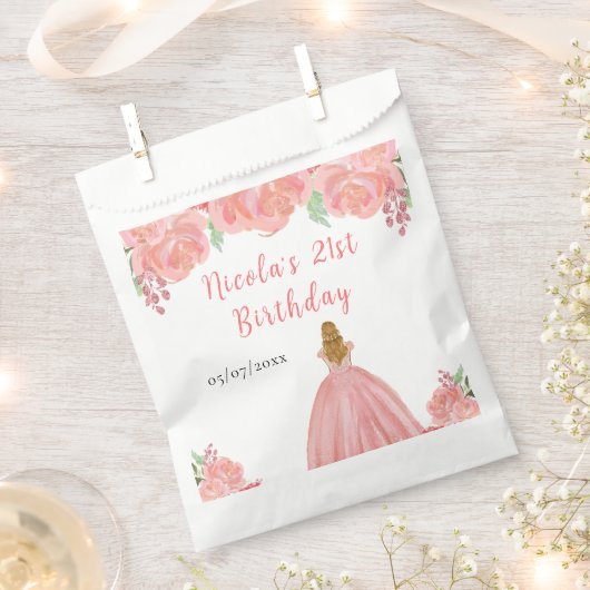 Blonde Hair Princess Pink Floral Birthday Party フェイバーバッグ (クリップ留めされた状態)