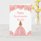Blonde Hair Princess Pink Floral Quinceanera カード (黄色い花)