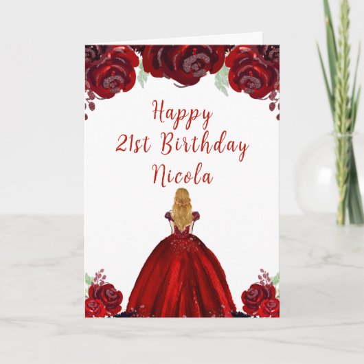 Blonde Hair Princess Red Floral Birthday カード (正面)