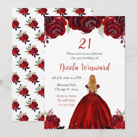 Blonde Hair Princess Red Floral Birthday Party 招待状 (正面/裏面)