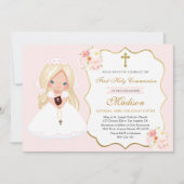 Blonde haired Girl First Communion Soft Pink 招待状 (正面)