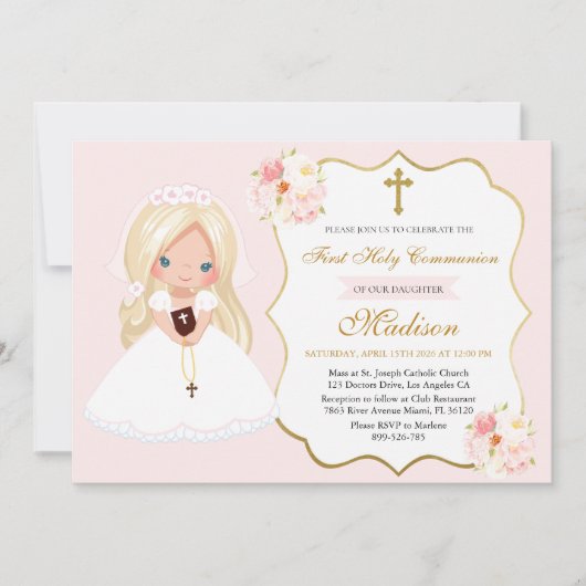 Blonde haired Girl First Communion Soft Pink 招待状 (正面)