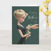Blonde in Green With Baby Bun Bun Mother's Day カード (黄色い花)