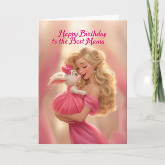 Blonde Mother w/ Baby Bunny in Hot Pink Birthday カード (正面)
