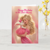 Blonde Mother w/ Baby Bunny in Hot Pink Birthday カード (黄色い花)