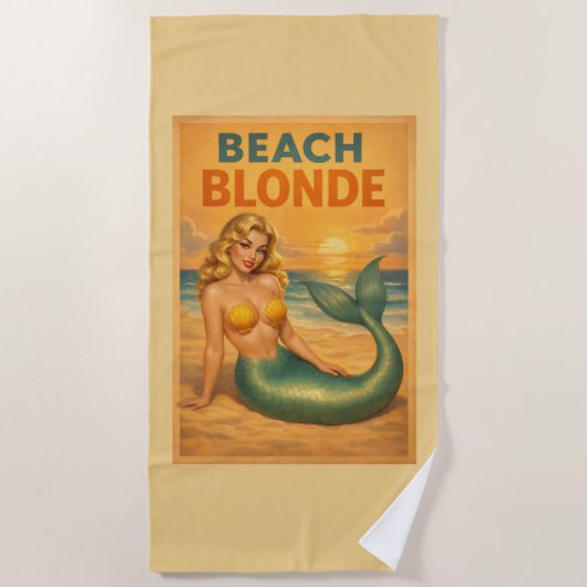 Blonde Pin-Up Mermaid | Sunny Yellow Retro Coastal ビーチタオル (正面)