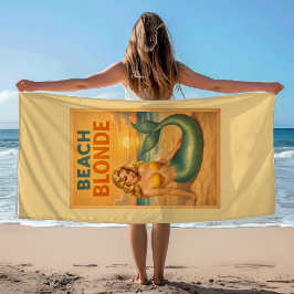 Blonde Pin-Up Mermaid | Sunny Yellow Retro Coastal ビーチタオル
