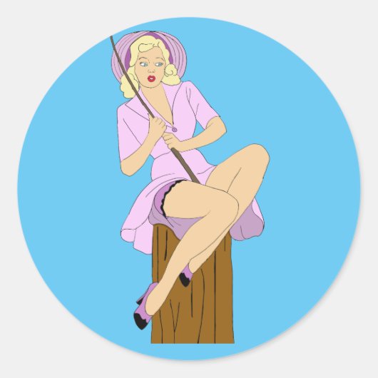 Blonde Pinup Girl Fishing Cartoon Original Art ラウンドシール (正面)