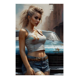 Blonde Pinup Kunstwerk Oldtimer kunst ポスター